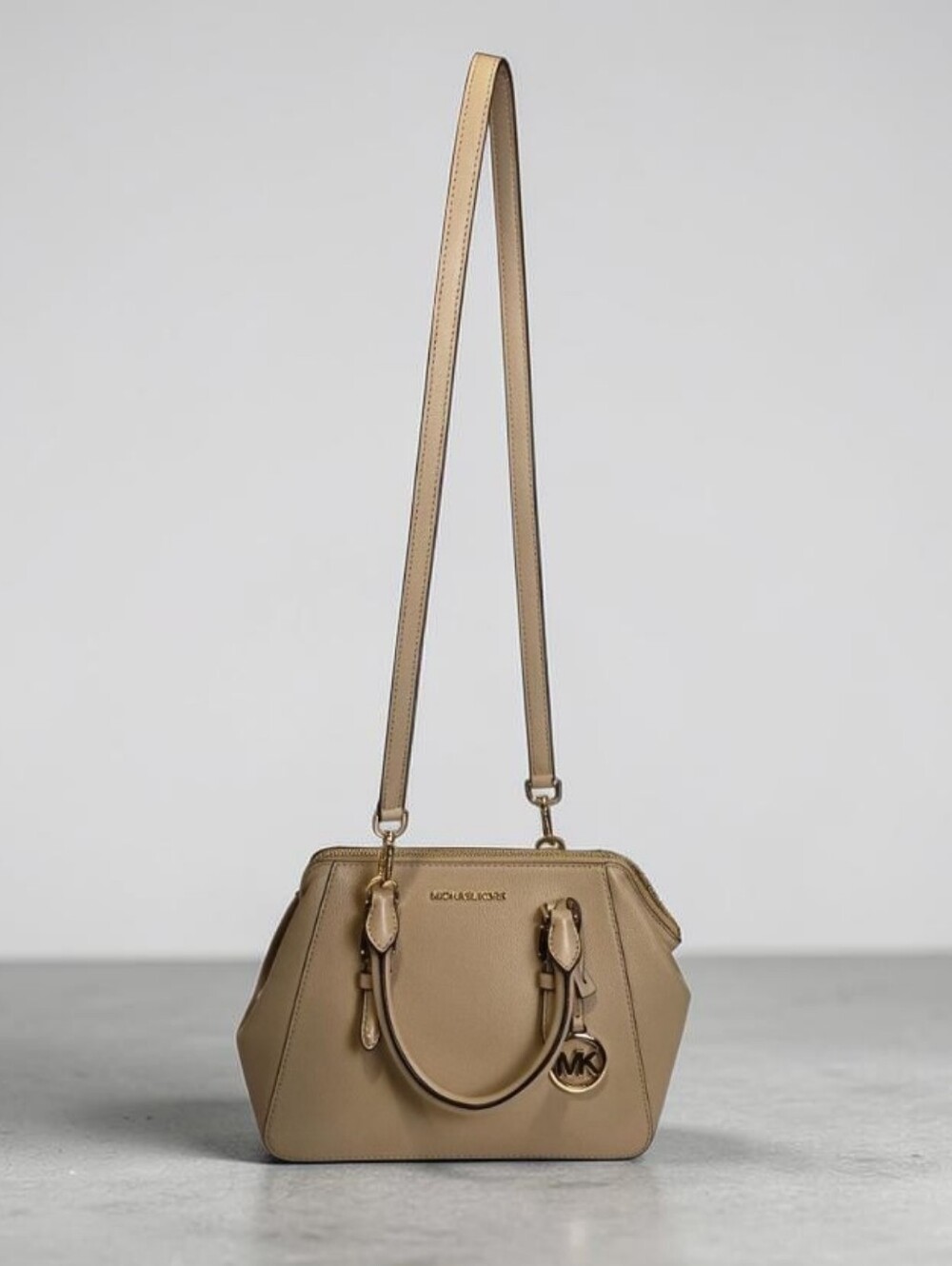 Michael Kors Bedford Belted Medium Taupe Pebbled Leather Satchel Crossbody